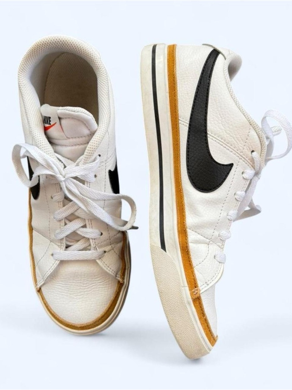 NIKE Court Legacy White Low-Top Sneakers with Black Swoosh and Desert Ochre